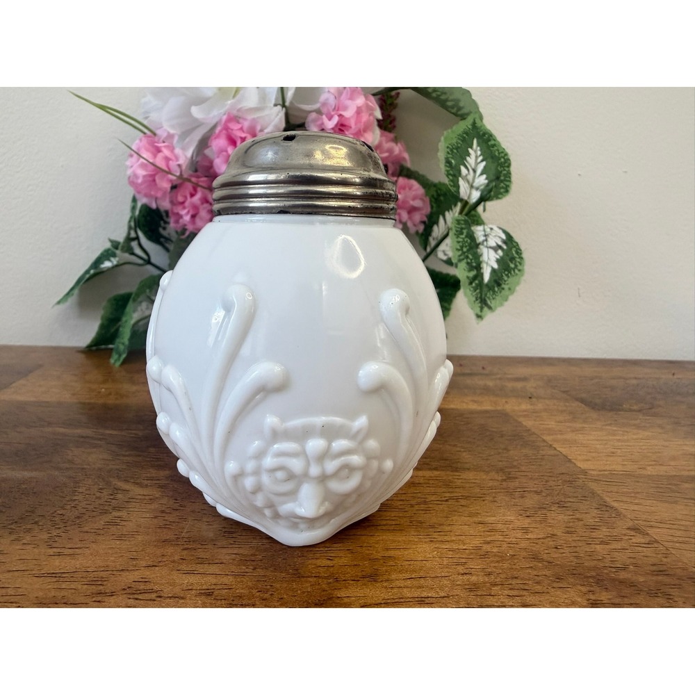 Vintage Milk‎ Glass Lion Face Sugar Shaker Metal Lid Art Deco Style MCM Dining